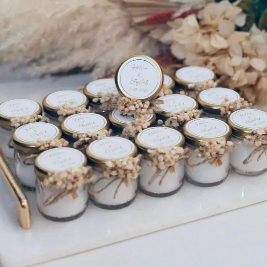 Bohème-Kerze als personalisiertes Gastgeschenk zur Hochzeit – goldene Akzente und elegant