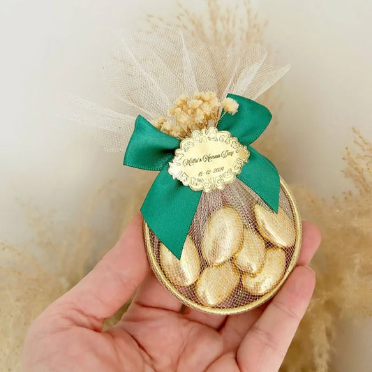 Dubai-Zuckermandeln als luxuriöses Gastgeschenk zur Hochzeit – elegant verpackt
