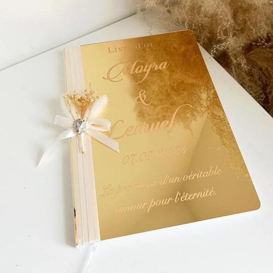 Personalisiertes Hochzeits-Gästebuch „Versprechen“ mit spiegelgoldenem Einband