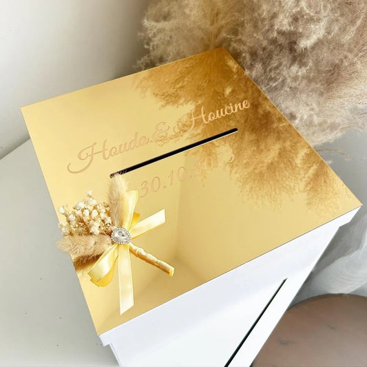 Prestige-Urne personalisiert, elegante Kartenbox für Hochzeit und Taufe mit goldener Veredelung