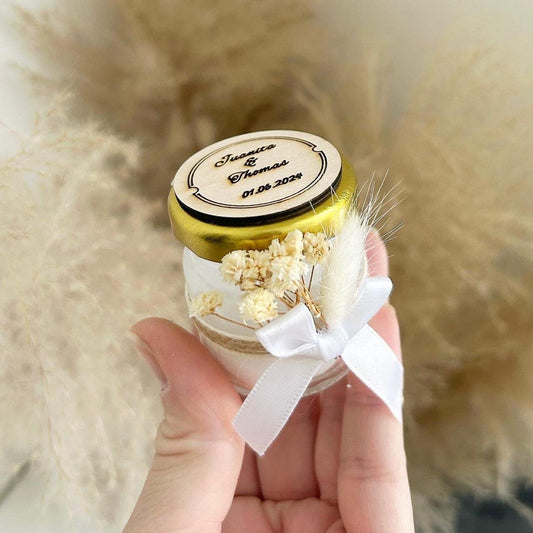 Rustikale Kerze als Gästegabe, natürliches Gastgeschenk für die Hochzeit