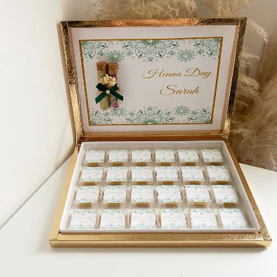 Schokoladenbox „Henna Day“ als personalisiertes Gastgeschenk-Set zur Hochzeit – elegant präsentiert