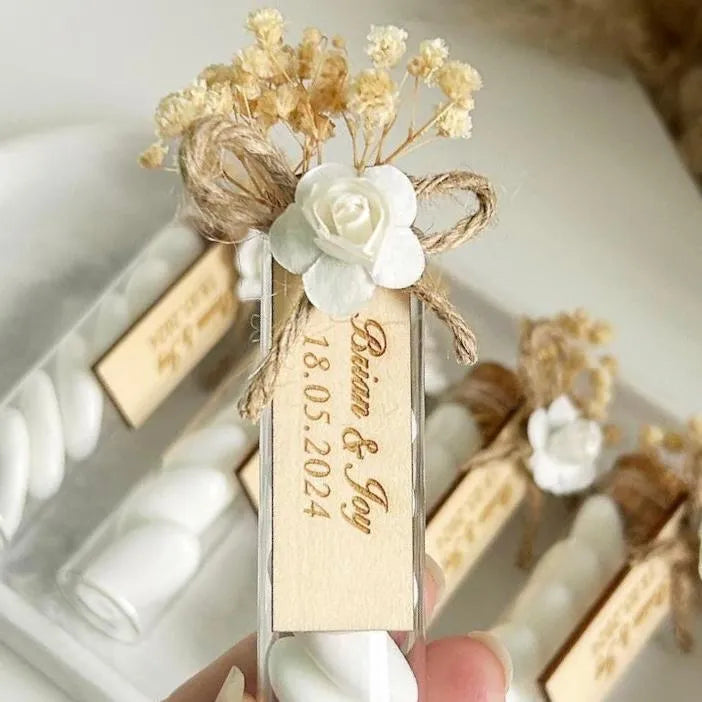 MON CADEAU INVITE - Personalisierte Zuckermandeln Colombe im Reagenzglas mit Etikett, Schleife und getrockneten Blumen, elegantes Gastgeschenk für Taufe, Kommunion oder besonderes Event