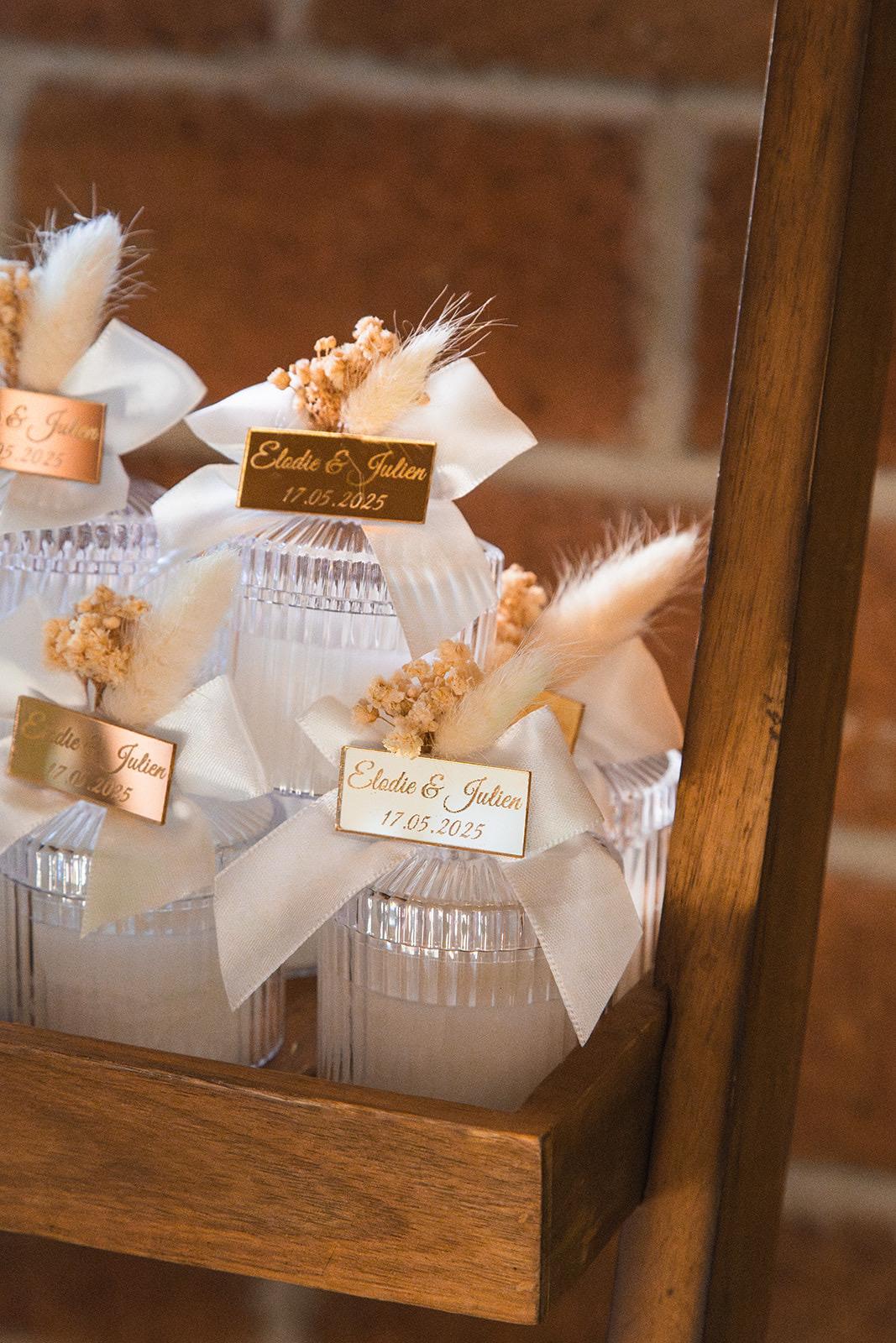 Hochzeit von Élodie und Julien – Personalisierte Cristal-Gold-Kerzen