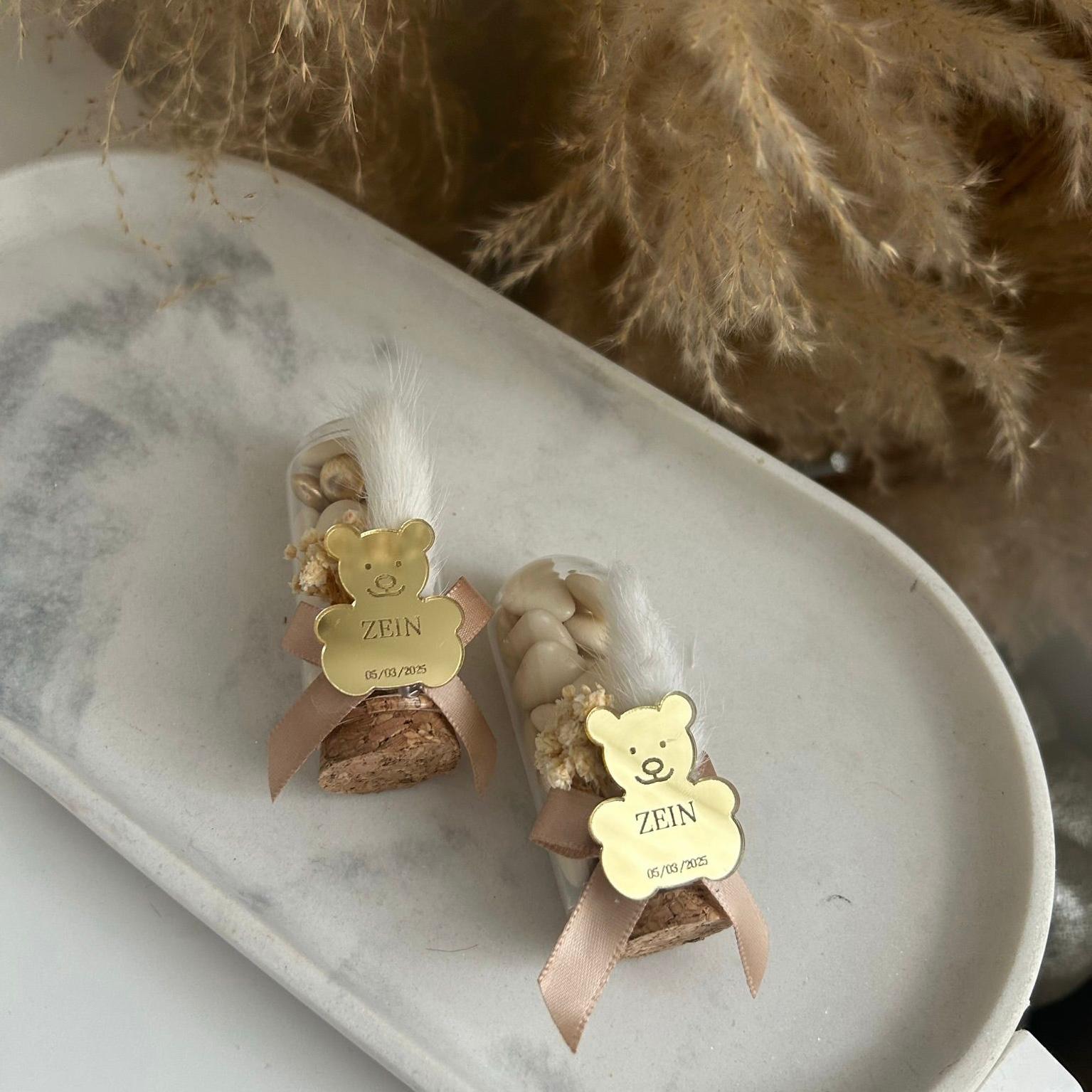 Gastgeschenk zur Geburt oder Taufe: Gold-Teddybär Zuckermandeln, personalisiert, stilvolle Tischdeko für Gäste