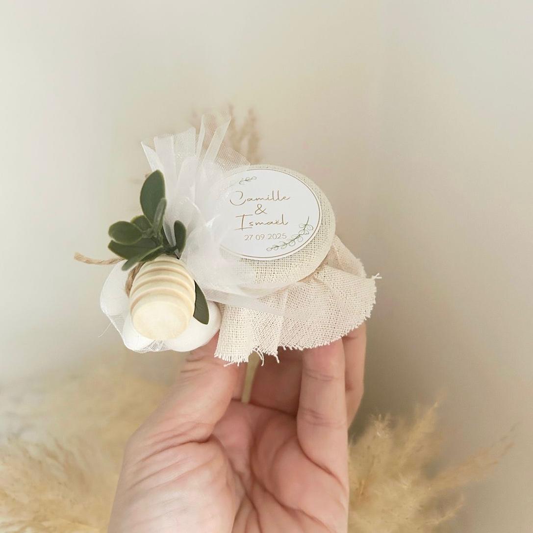 Gastgeschenk zur Taufe oder Kommunion: Honigglas „Duo Zärtlichkeit“ mit Schleife und Etikett, süßes Andenken