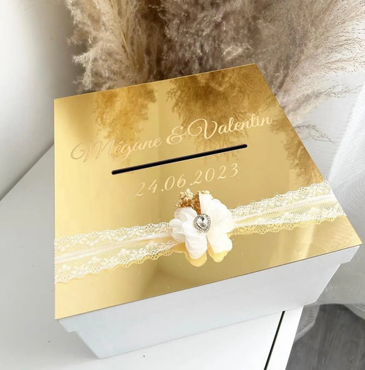 Goldglanz-Hochzeitsurne personalisiert, elegante Urne für Hochzeit und Taufe im Spiegelgold-Finish