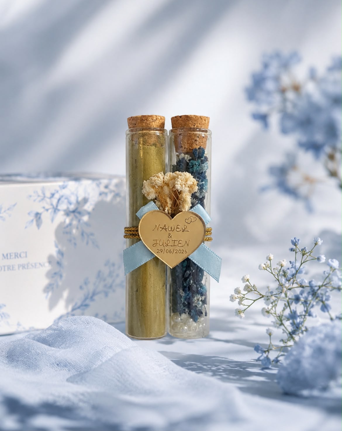 Personalisiertes Henna-Duo Kornblume mit blauen Trockenblumen, Schleife und graviertem Herz als Gastgeschenk