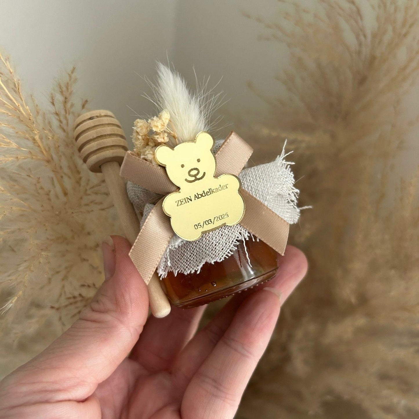 Honigglas als Gastgeschenk zur Beschneidung oder Taufe, Teddybär-Design, personalisiert mit Name und Datum