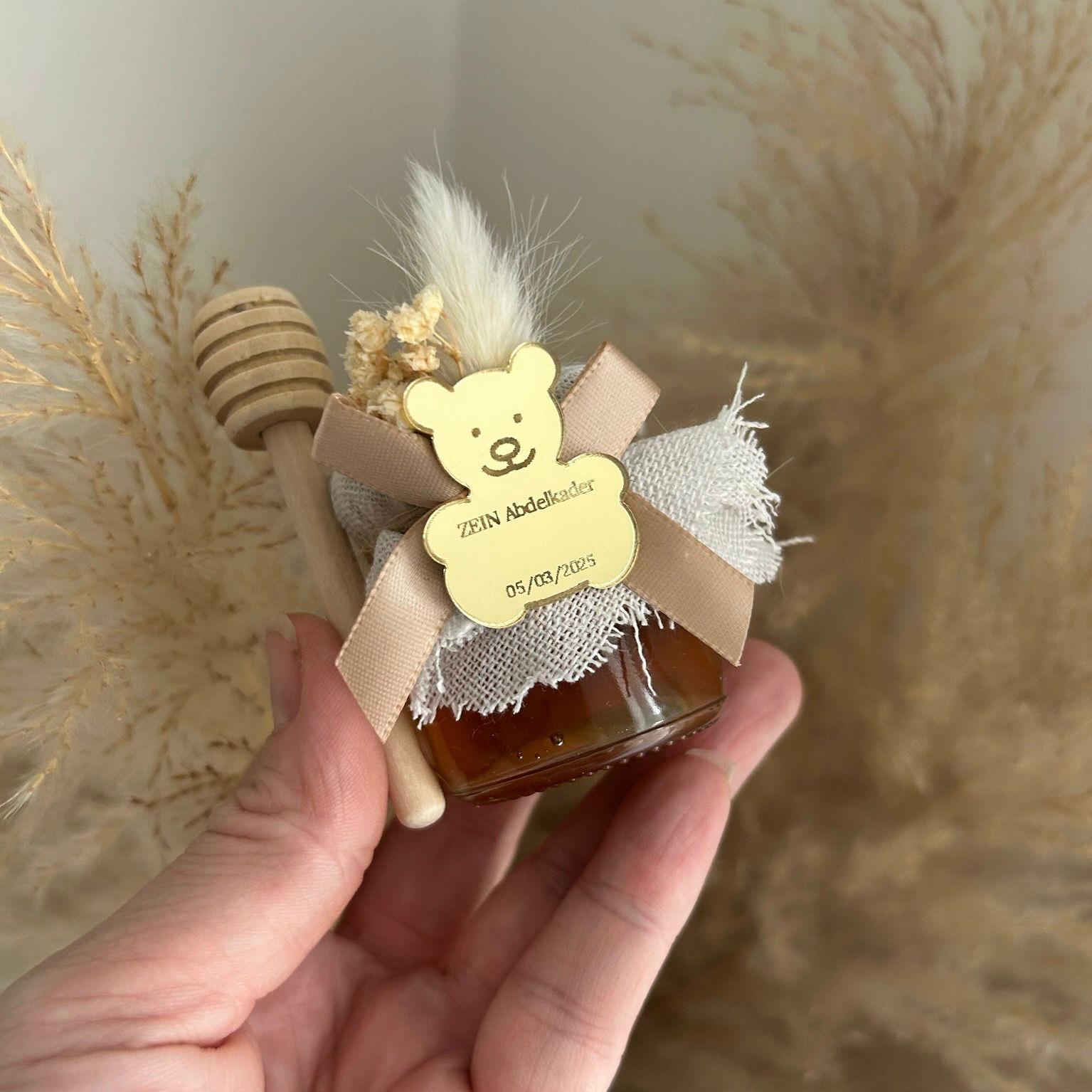 Honigglas als Gastgeschenk zur Beschneidung oder Taufe, Teddybär-Design, personalisiert mit Name und Datum