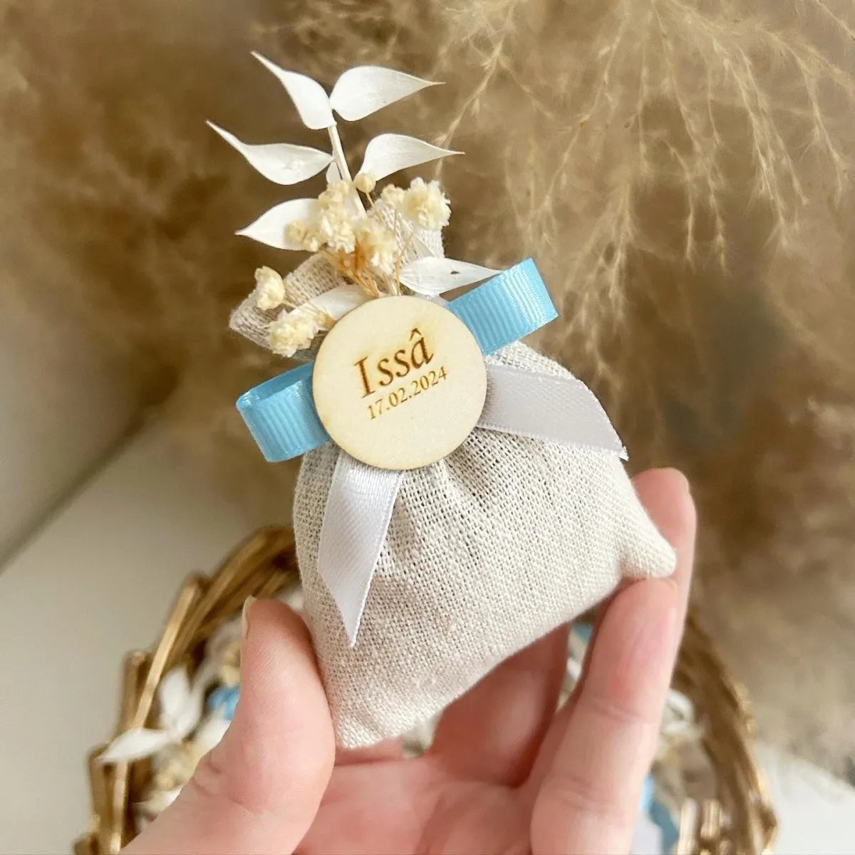 Lavendel-Baby-Beutel als personalisiertes Gastgeschenk zur Taufe – zart und duftend