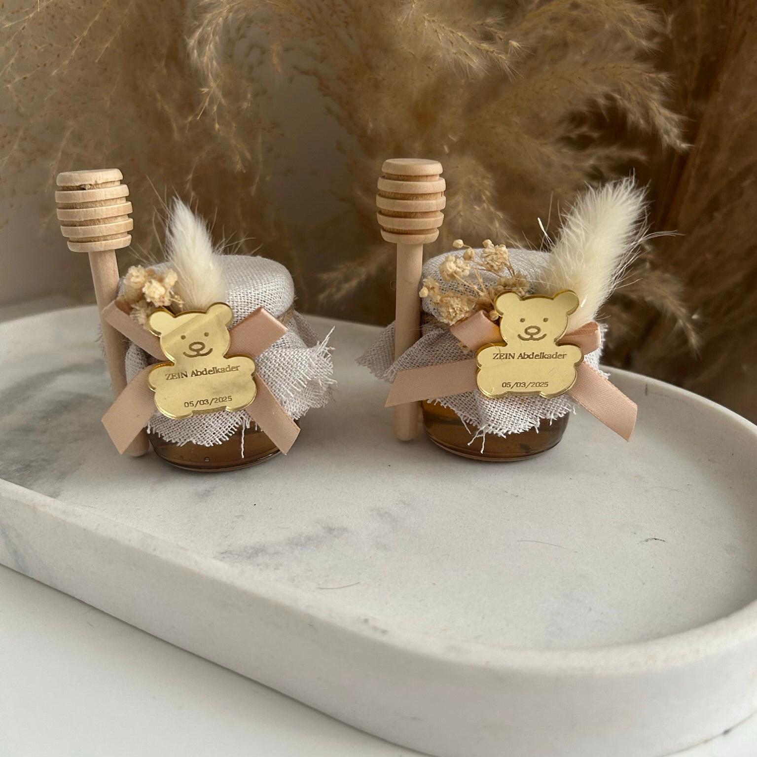 Mini-Honigglas im Teddybär-Stil als Gastgeschenk zur Geburt oder zum Geburtstag, personalisiert, liebevolles Andenken