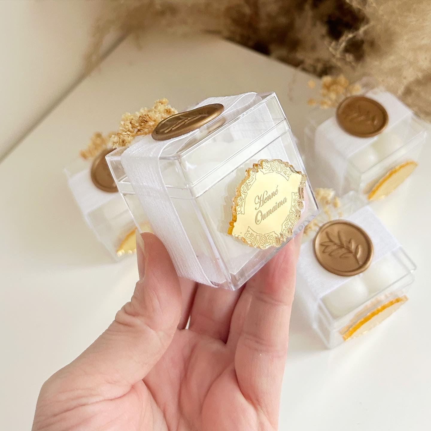 Palais-Kerze als luxuriöse, personalisierte Duftkerze, Gastgeschenk zur Hochzeit, elegante Tischdeko