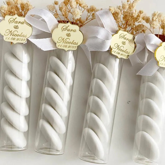 Perle-Zuckermandeln im personalisierten Röhrchen – edles Gastgeschenk zur Hochzeit