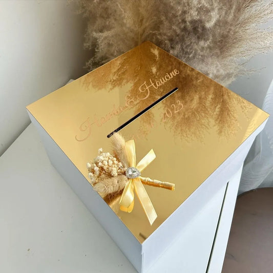 Prestige-Urne personalisiert, elegante Kartenbox für Hochzeit und Taufe mit goldener Veredelung