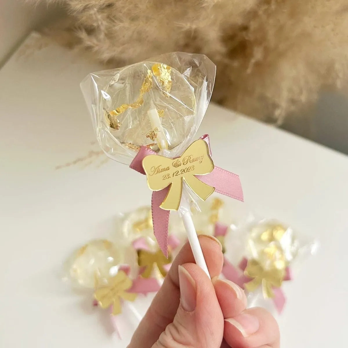 Rosa Minnie-Lutscher als Gästegabe, süßes Gastgeschenk für Hochzeit und Taufe