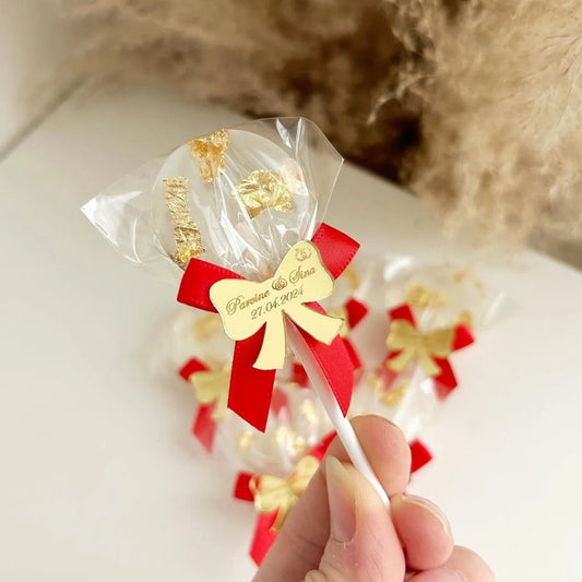 Roter Minnie-Lutscher als Gästegabe, süßes Gastgeschenk für Hochzeit und Taufe