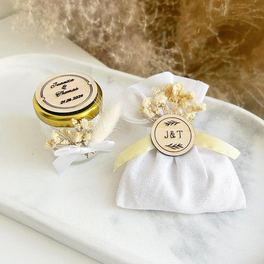 Rustikale Kerze als Gästegabe, natürliches Gastgeschenk für die Hochzeit