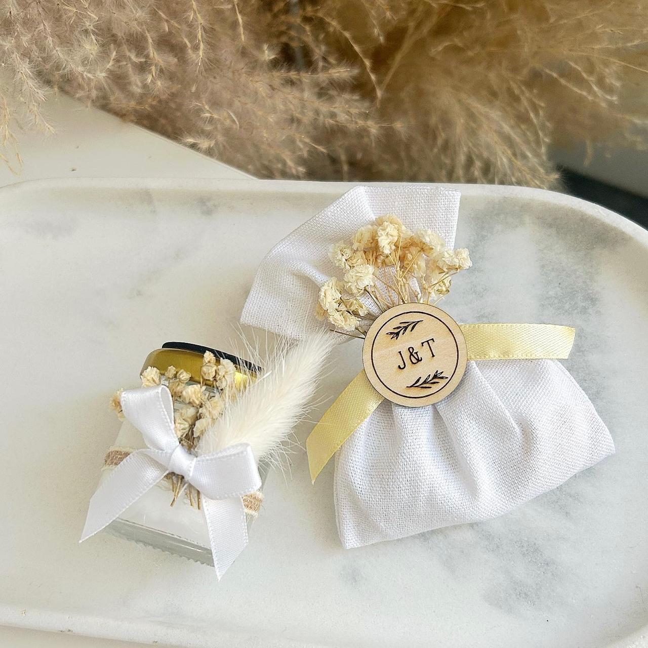 Rustikales Zuckermandeln-Säckchen als Gästegabe, boho-chices Gastgeschenk zur Hochzeit