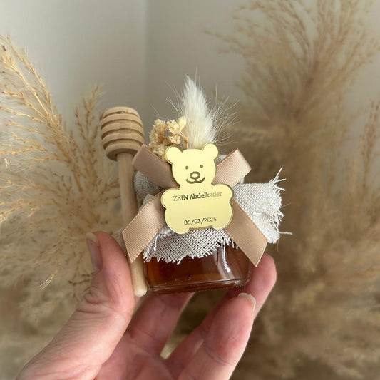 Süßes Honigglas im Teddybär-Design als Gastgeschenk zur Taufe, Geburt, zum Geburtstag oder zur Beschneidung, personalisiert