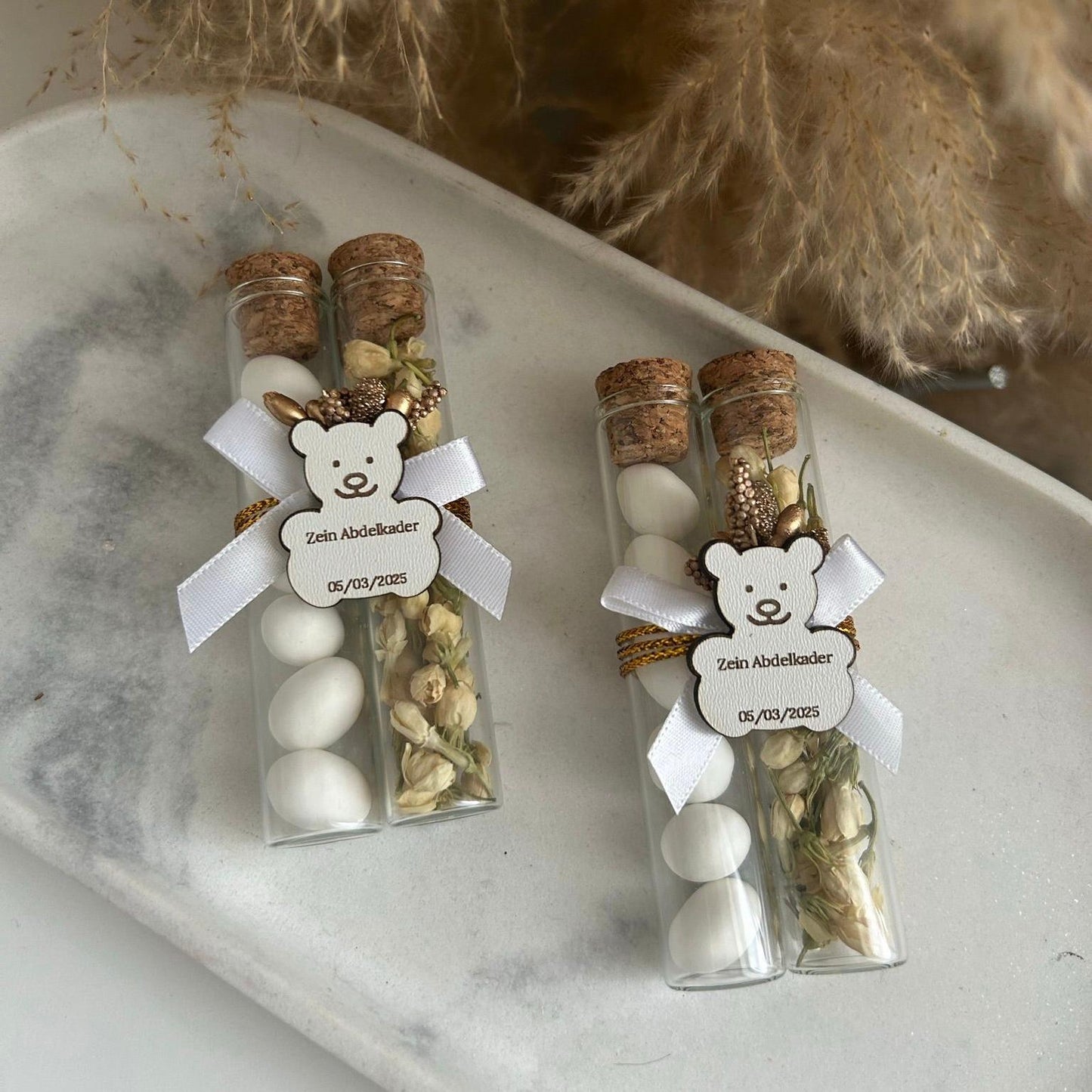 Teddybär-Duo Zuckermandeln als Gastgeschenk zur Taufe, zum Geburtstag oder zur Geburt, personalisiert mit Namen