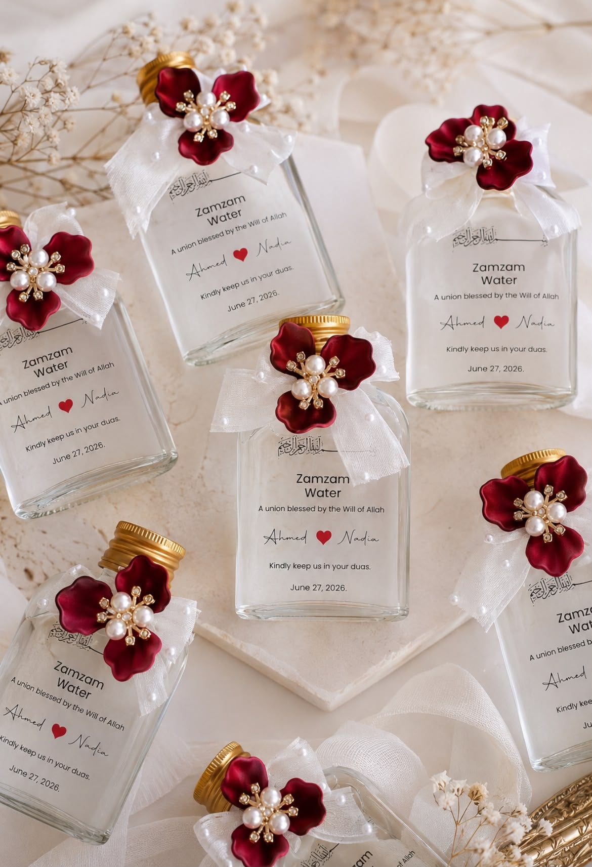 Personalisierte Zamzam-Flaschen als Gastgeschenke für Hochzeit und Nikah