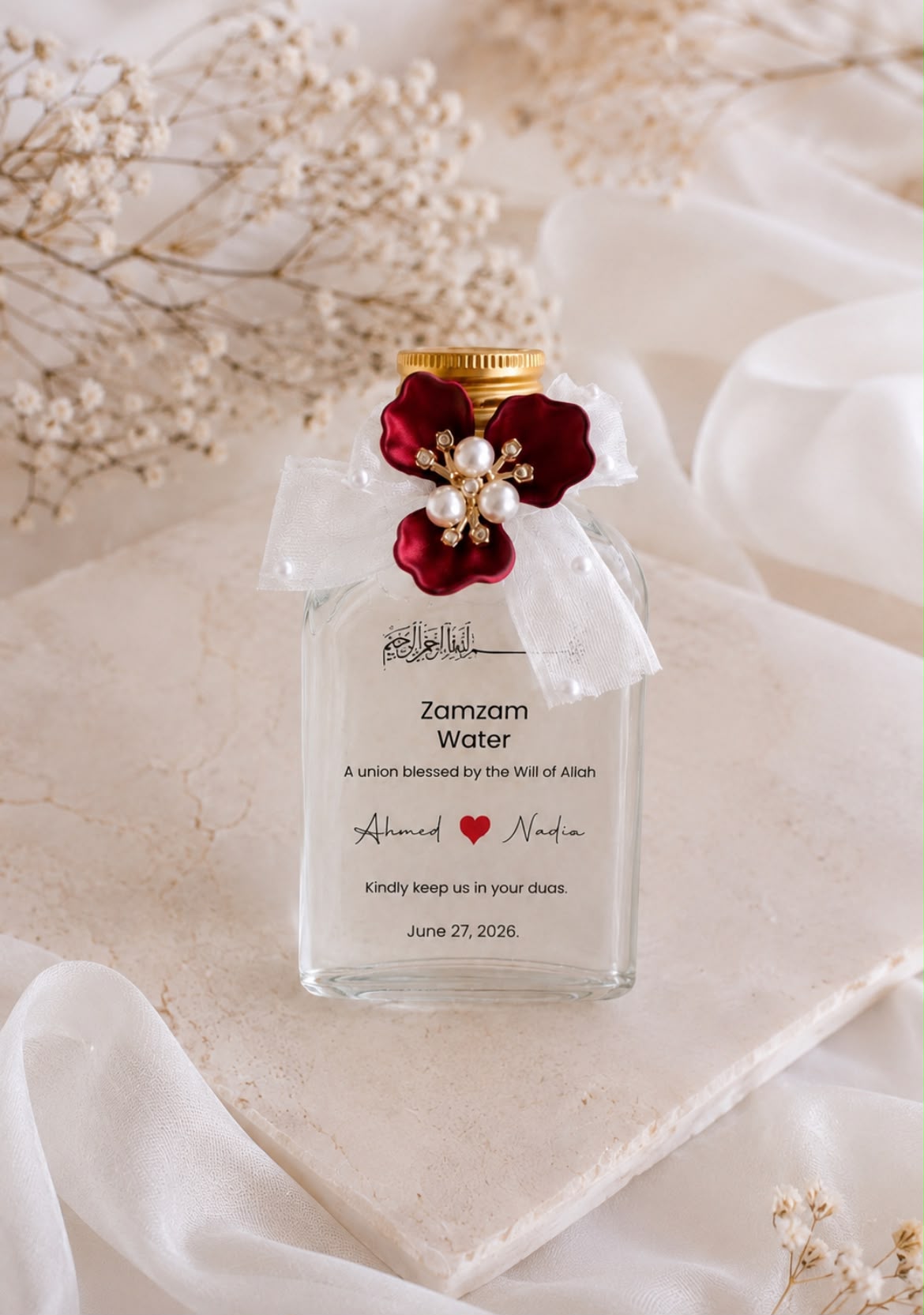 Personalisierte Zamzam-Geschenkflasche aus Glas als elegantes Gastgeschenk zur Hochzeit