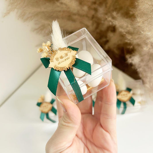 Zuckermandeln „Geschenk“ als personalisiertes Gastgeschenk für Hochzeit, Taufe, Kommunion oder Beschneidung, stilvoll dekoriert