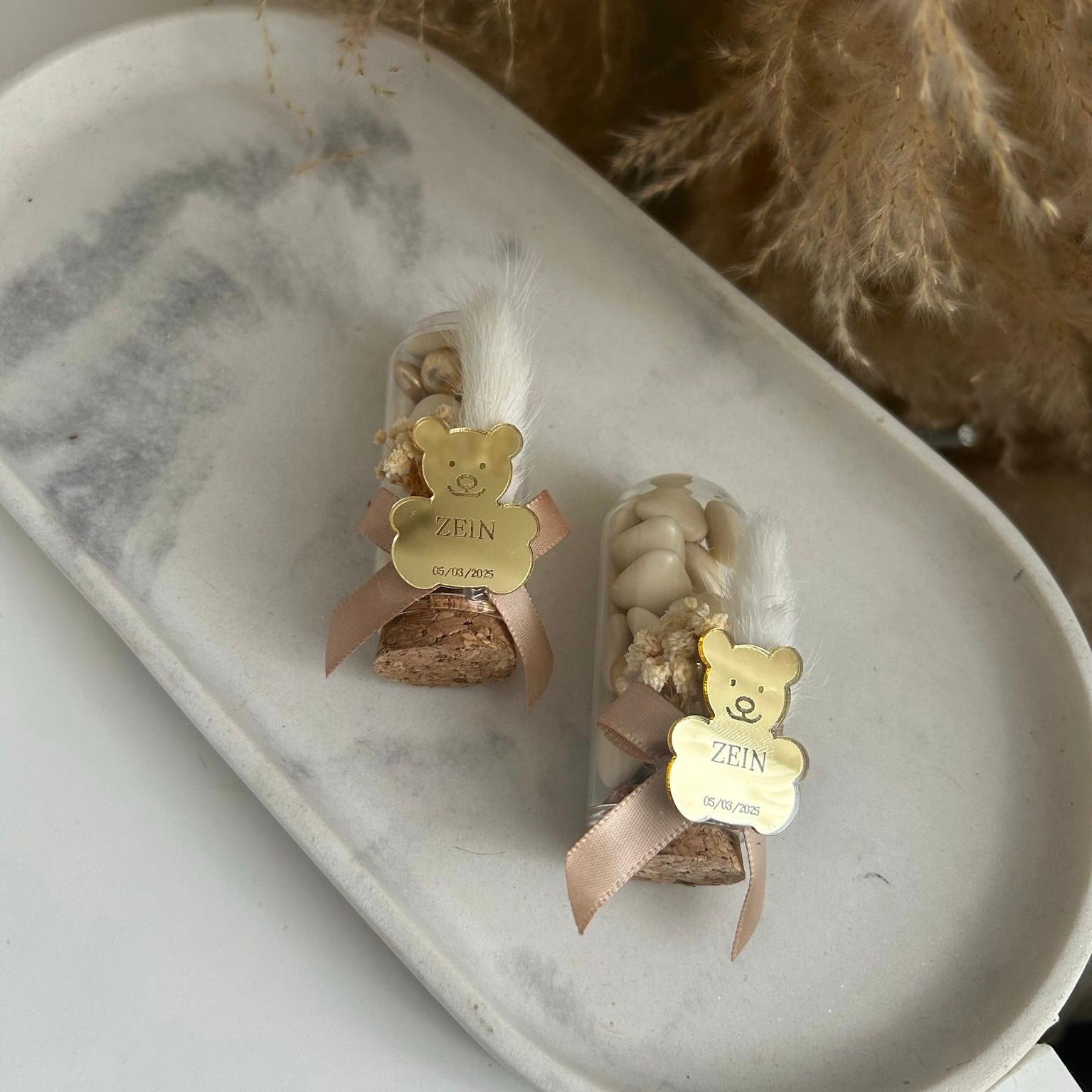 Zuckermandeln im Gold-Teddybär-Design als Gastgeschenk zur Beschneidung, Taufe oder zum Geburtstag, liebevolles Andenken